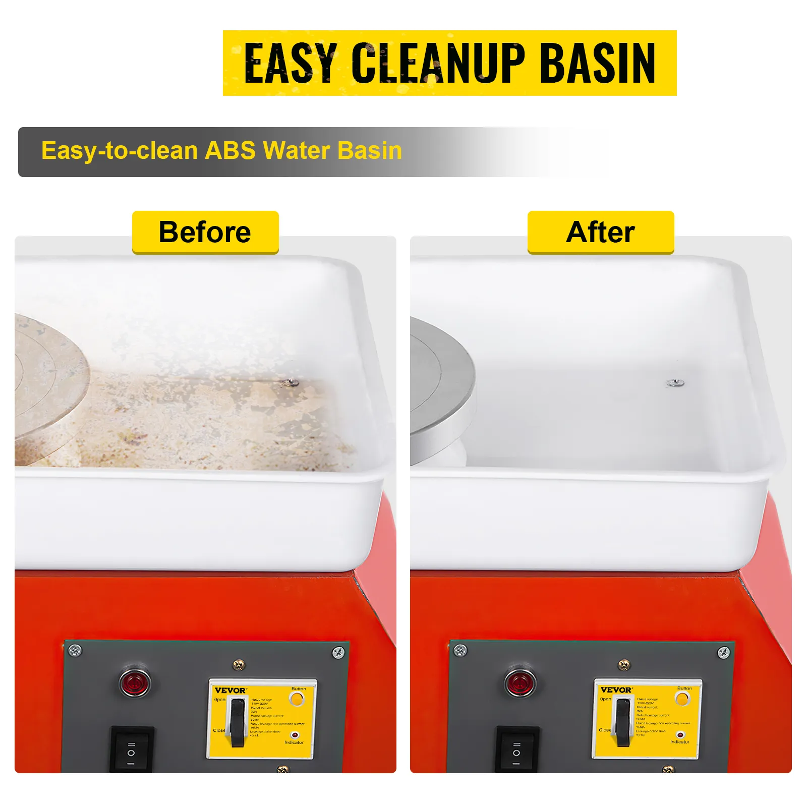Rueda de alfarería VEVOR, recipiente de agua ABS fácil de limpiar, antes y después de la limpieza.