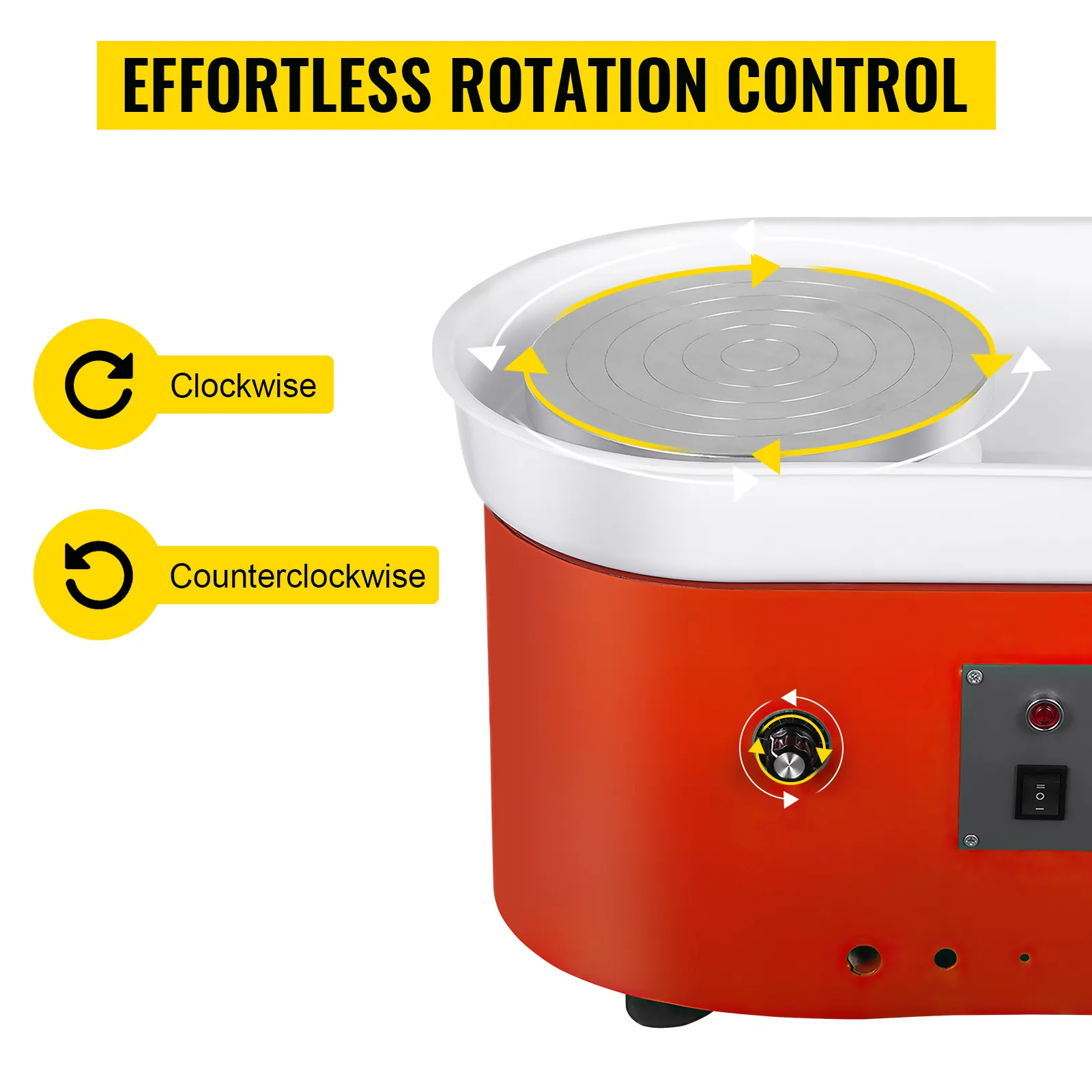 Control de rotación sin esfuerzo en el torno de cerámica VEVOR en rojo y blanco.