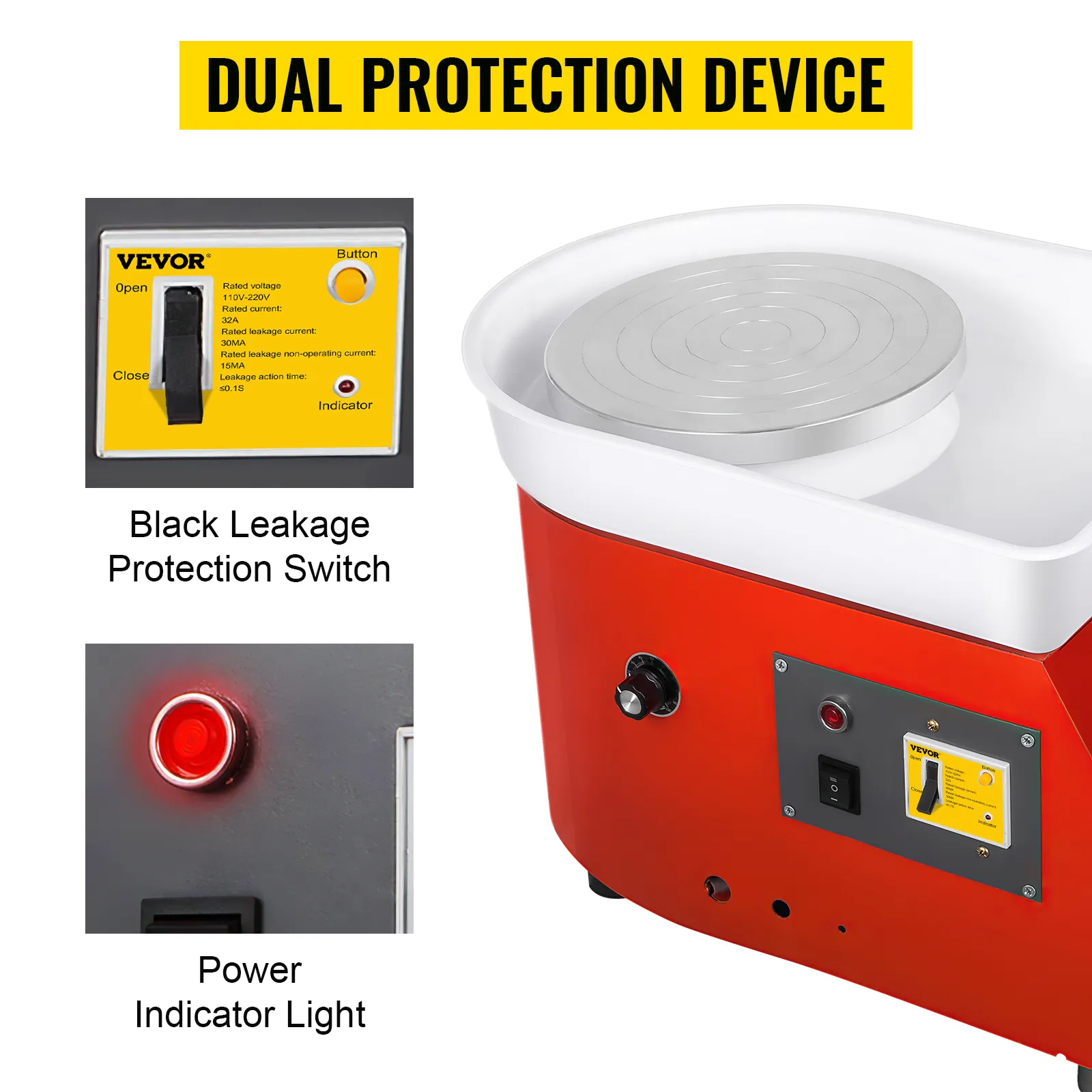 Rueda de cerámica VEVOR con interruptor de protección contra fugas negro y luz indicadora de encendido.