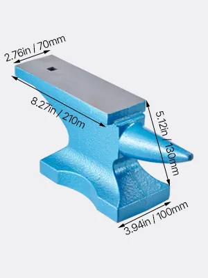 niebieskie kowadło VEVOR z pojedynczym rogiem o wymiarach opisanych na etykiecie: 12,7"x3,7"x2,7"x8,1"x5,5".