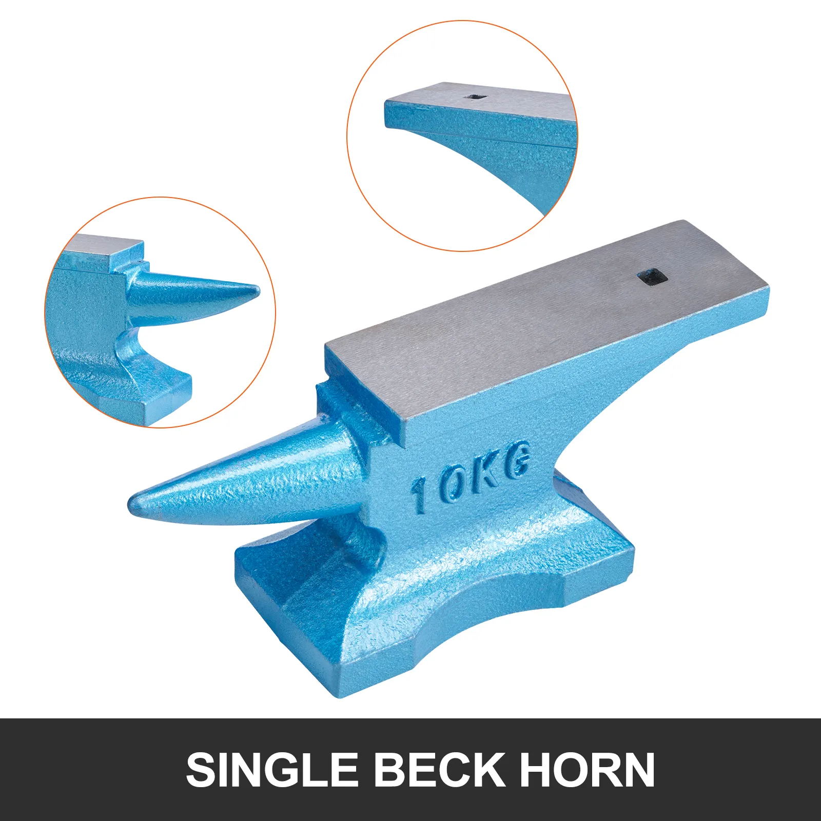 niebieskie kowadło VEVOR z pojedynczym rogiem i wstawkami umożliwiającymi zbliżenie szczegółów.