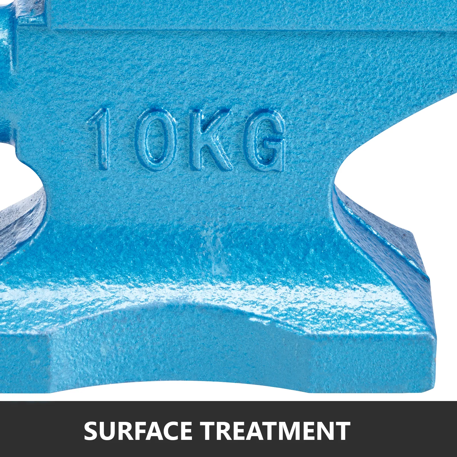 niebieskie kowadło VEVOR z pojedynczym rogiem i napisem „surface treatment”.