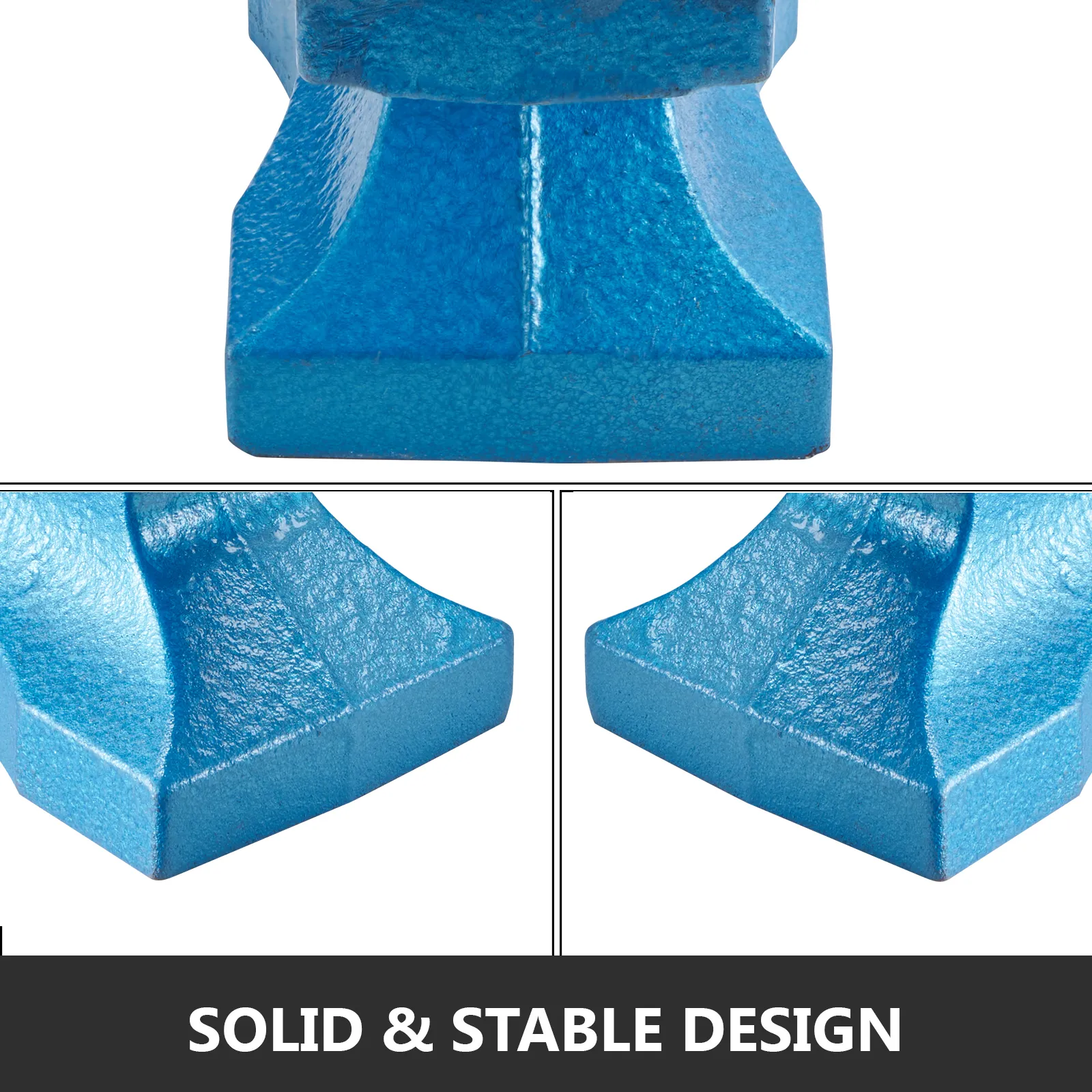 Pojedyncze kowadło VEVOR, niebieska podstawa, opisane jako „solidna i stabilna konstrukcja”.
