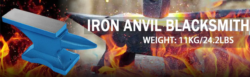 VEVOR anvil in blue, 11kg/24.2lbs, amidst flames with iron anvil blacksmith text.