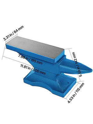 blue VEVOR anvil with 6.8" width and 7.2" length on a sturdy base.