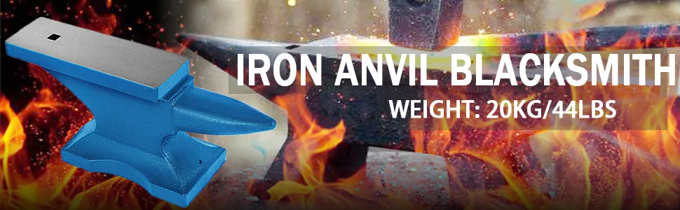 VEVOR blacksmith anvil, weight 20kg/44lbs, against a fiery background.