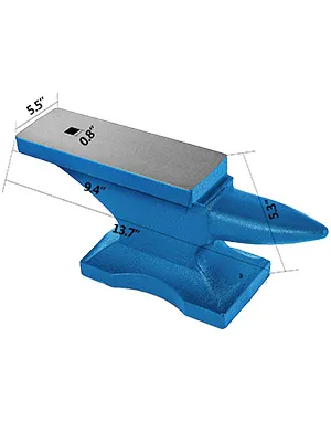 VEVOR blacksmith anvil in blue with dimensions labeled prominently.