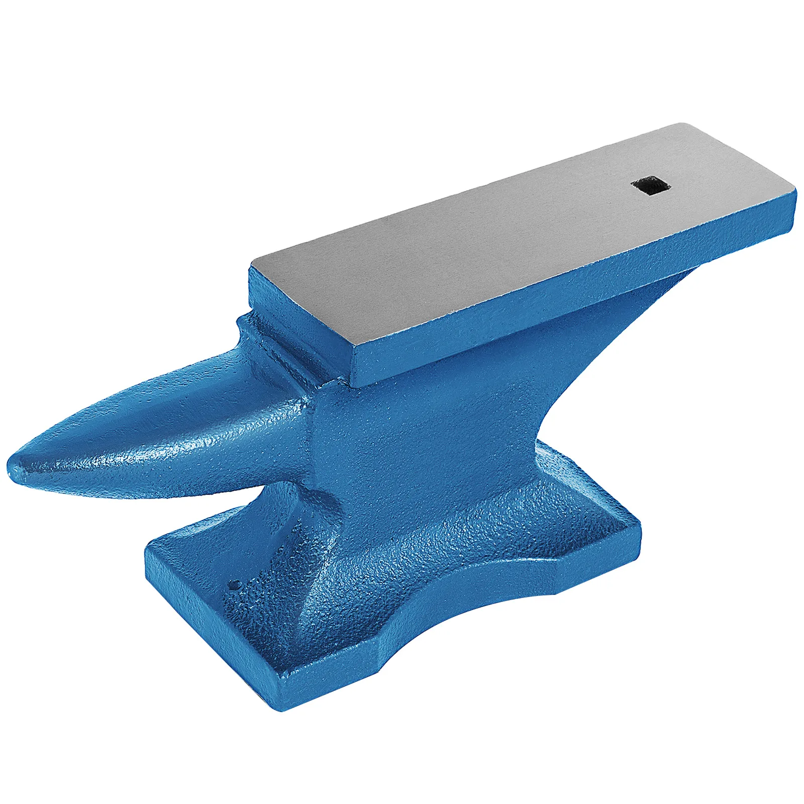 VEVOR blacksmith anvil with blue and silver finish, pointed horn, and square hole.