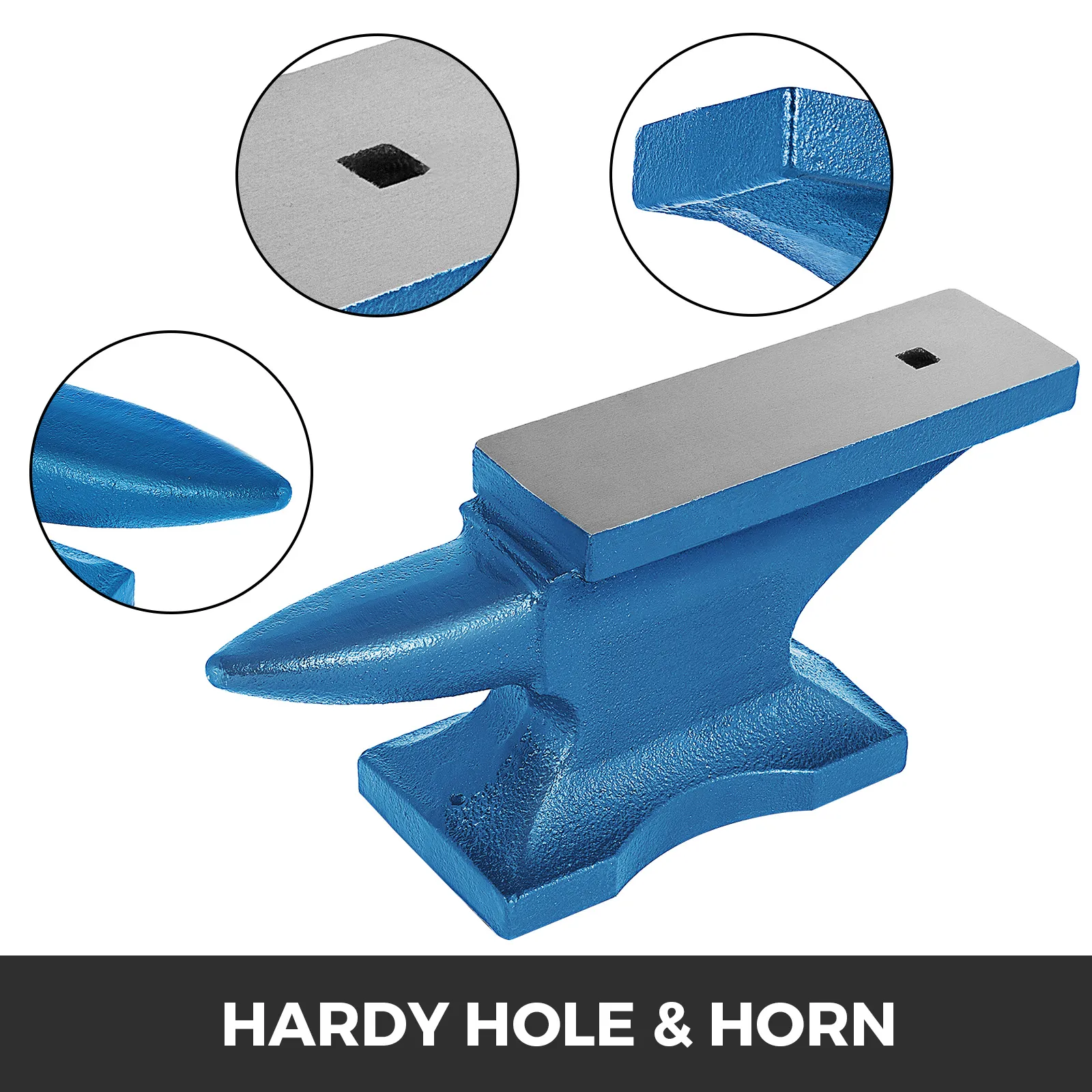 VEVOR blacksmith anvil with hardy hole and horn, blue and silver details.