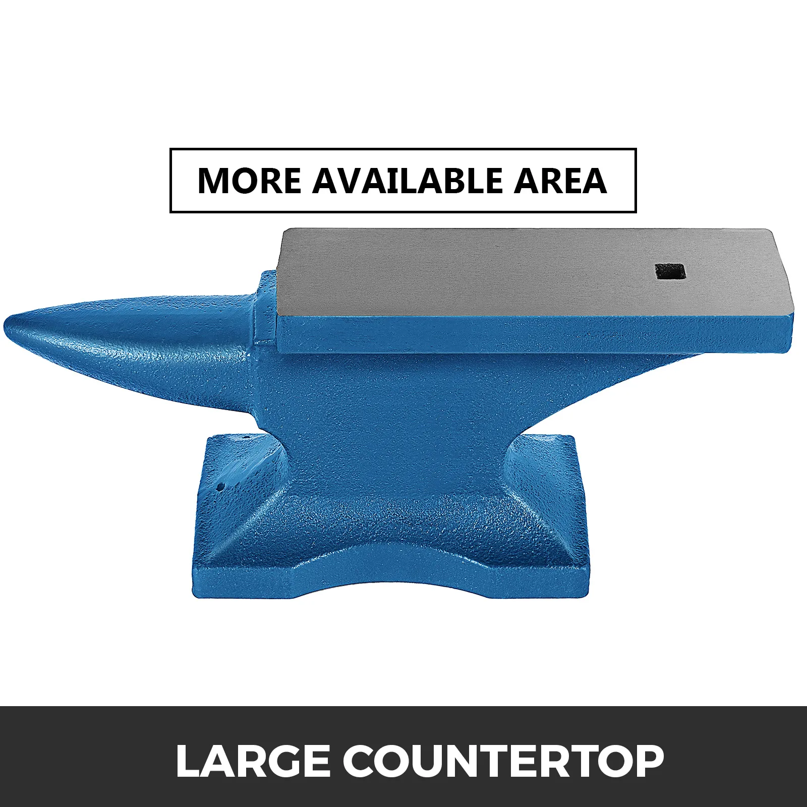 VEVOR blacksmith anvil with large blue base and spacious working surface.