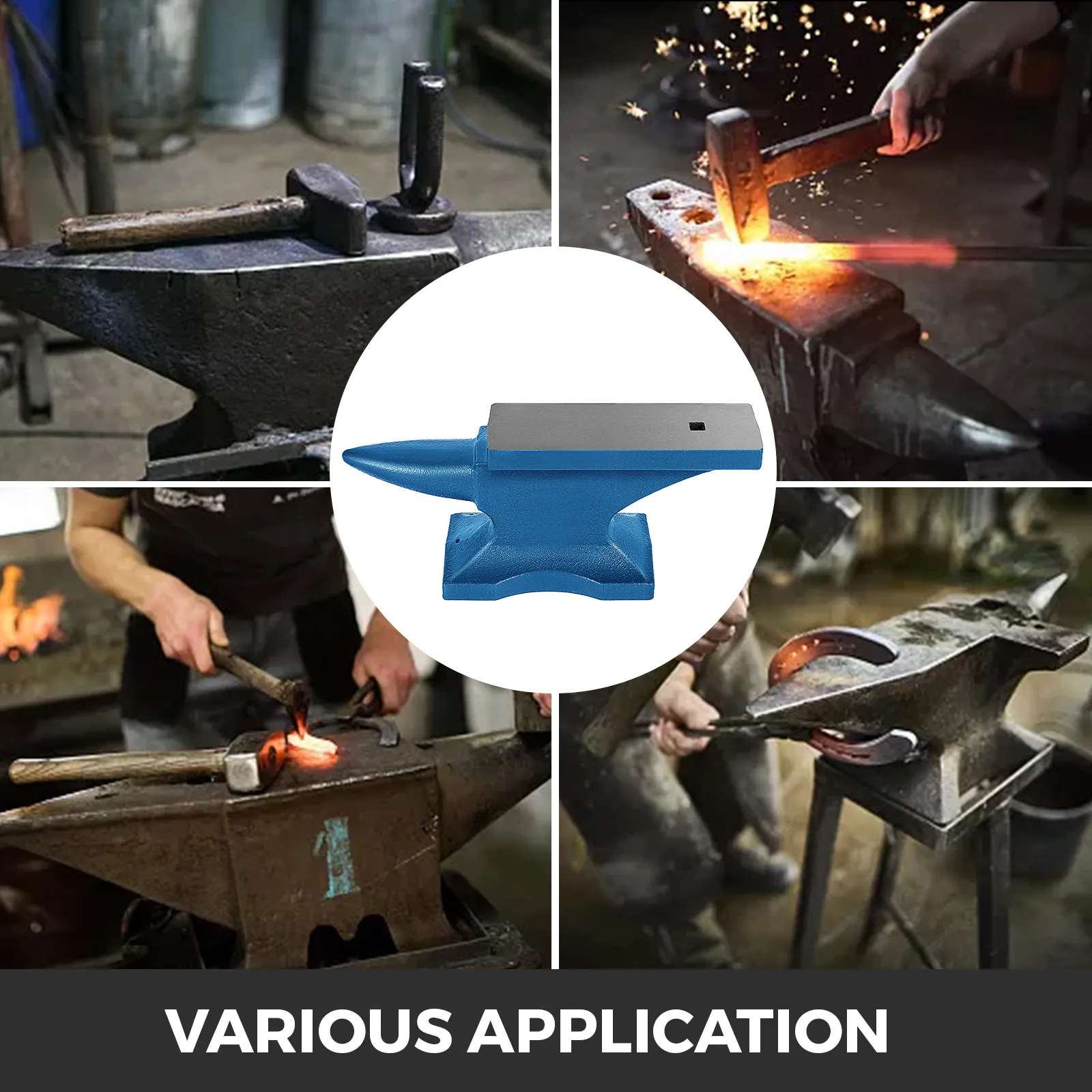 VEVOR blacksmith anvil in action with various blacksmithing tasks and vivid sparks.
