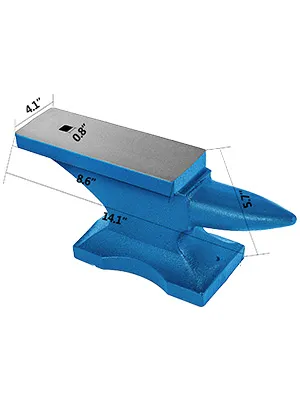 blue VEVOR single horn anvil with dimensions highlighted, including horn and flat surface.