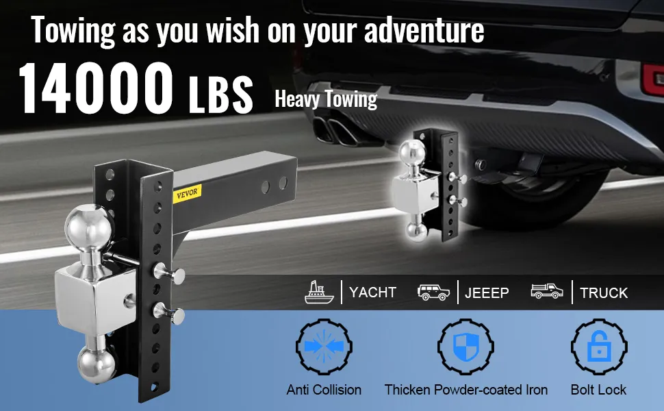 VEVOR adjustable trailer hitch, 14000 lbs heavy towing, suitable for yacht, jeep, and truck, strong build.