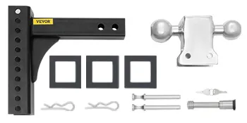 VEVOR adjustable trailer hitch with dual ball, brackets, and mounting accessories laid out.