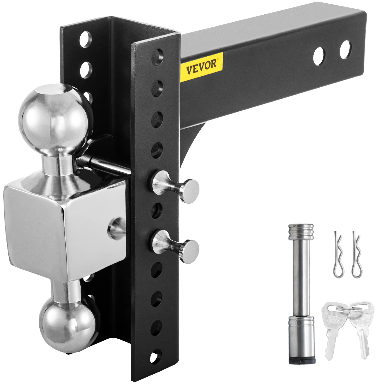 VEVOR adjustable trailer hitch with dual balls, hitch pin, clips, and keys for secure towing.