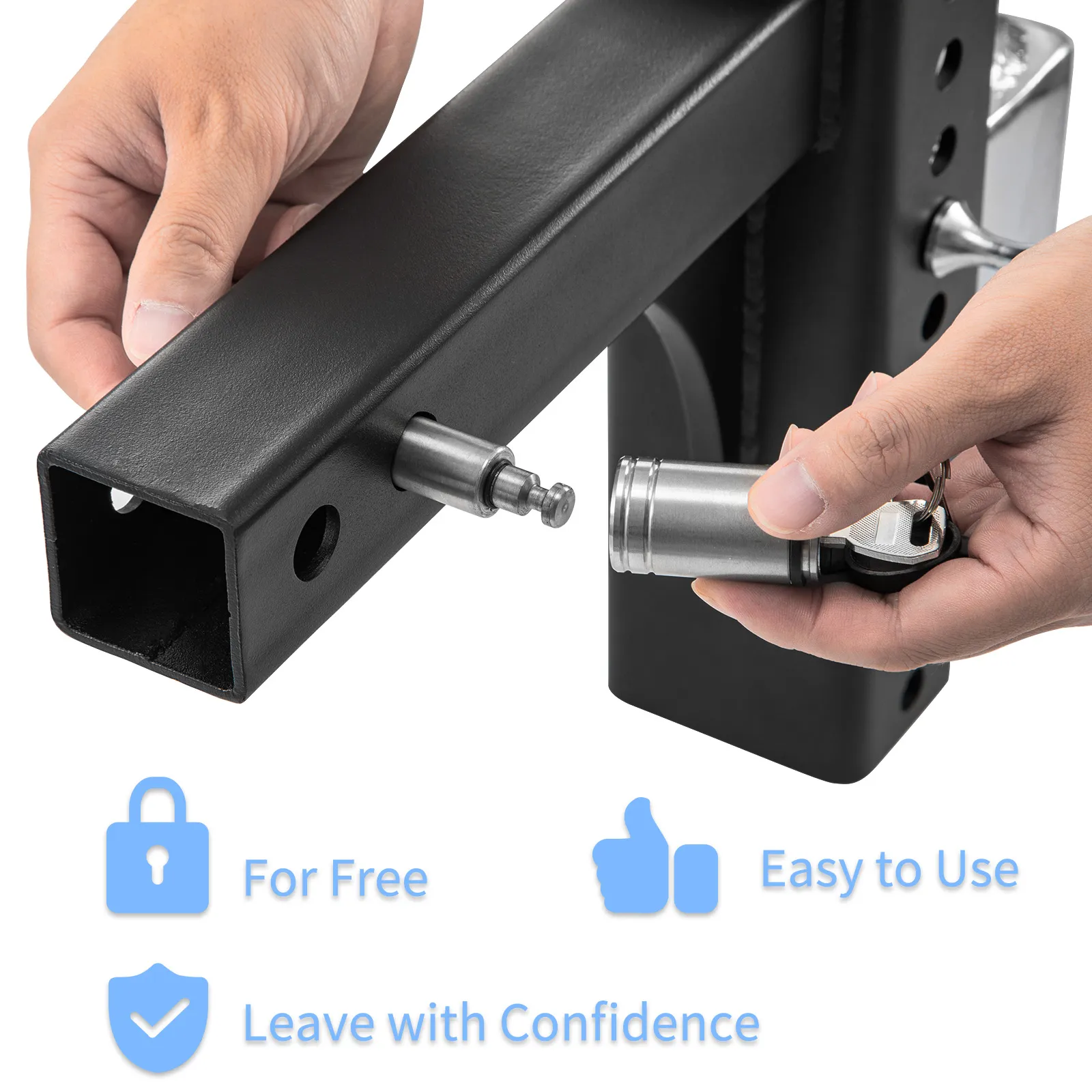 hands securing a VEVOR adjustable trailer hitch with a locking pin and key, emphasizing ease of use.