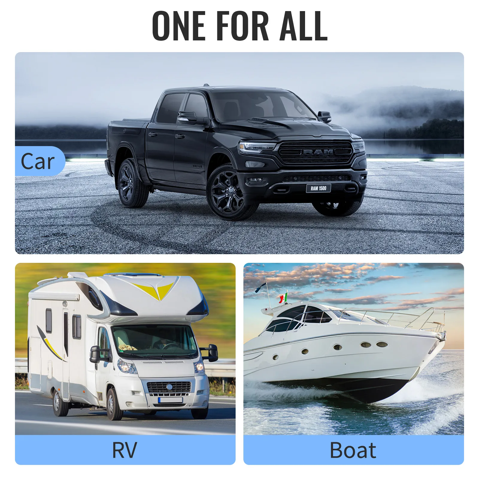 VEVOR adjustable trailer hitch suitable for car, rv, and boat towing displayed under "one for all".