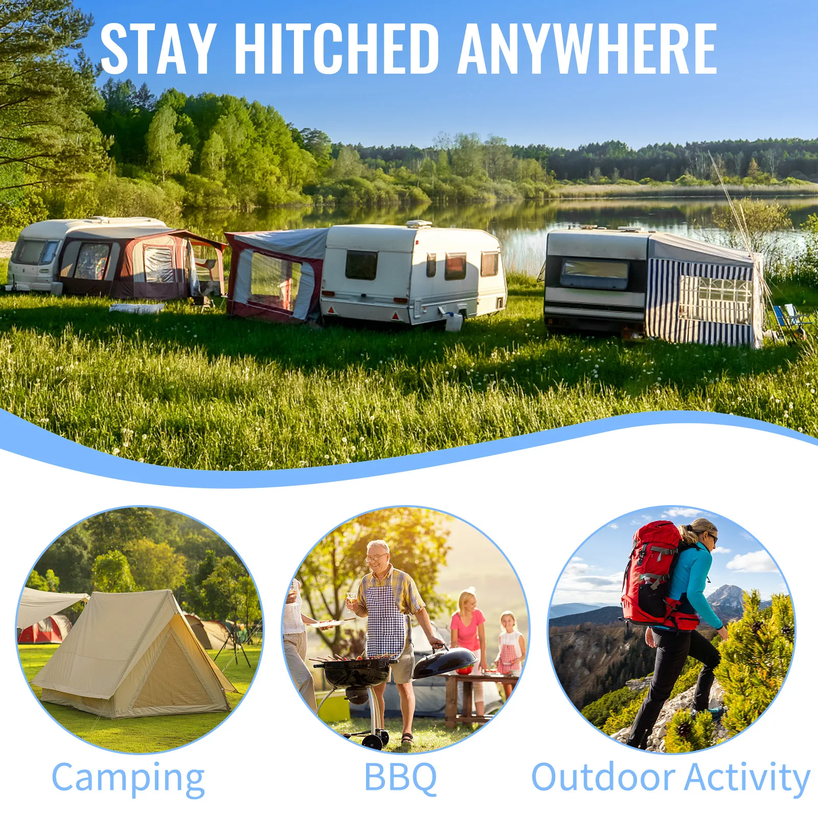 VEVOR adjustable trailer hitch for camping, bbq, and outdoor activity by a scenic lakeside view.