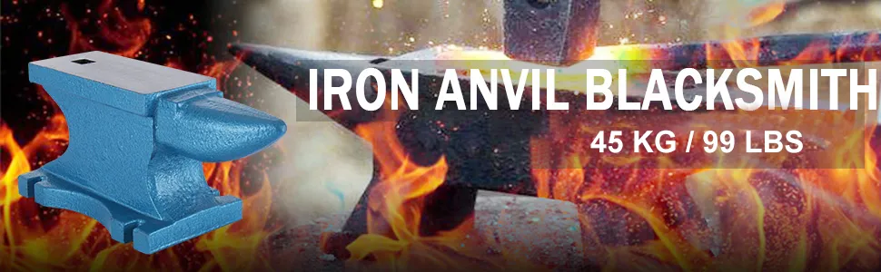 VEVOR single horn anvil 45kg blacksmith tool with hammer and fire background.