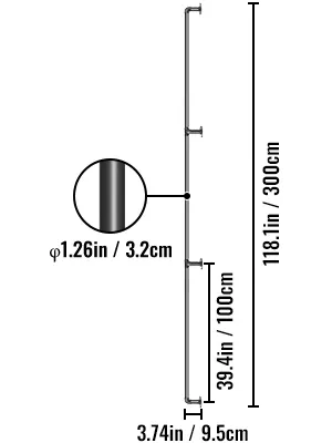 Dimensioni del corrimano per scale in tubo VEVOR: altezza 118,1 pollici, centro 39,4 pollici, larghezza della base 3,74 pollici.