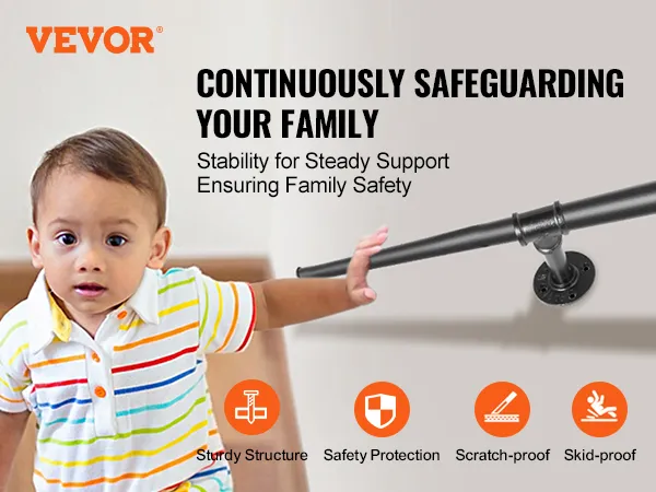 VEVOR pipe stair handrail ensures safety with a sturdy, scratch-proof, and skid-proof design.