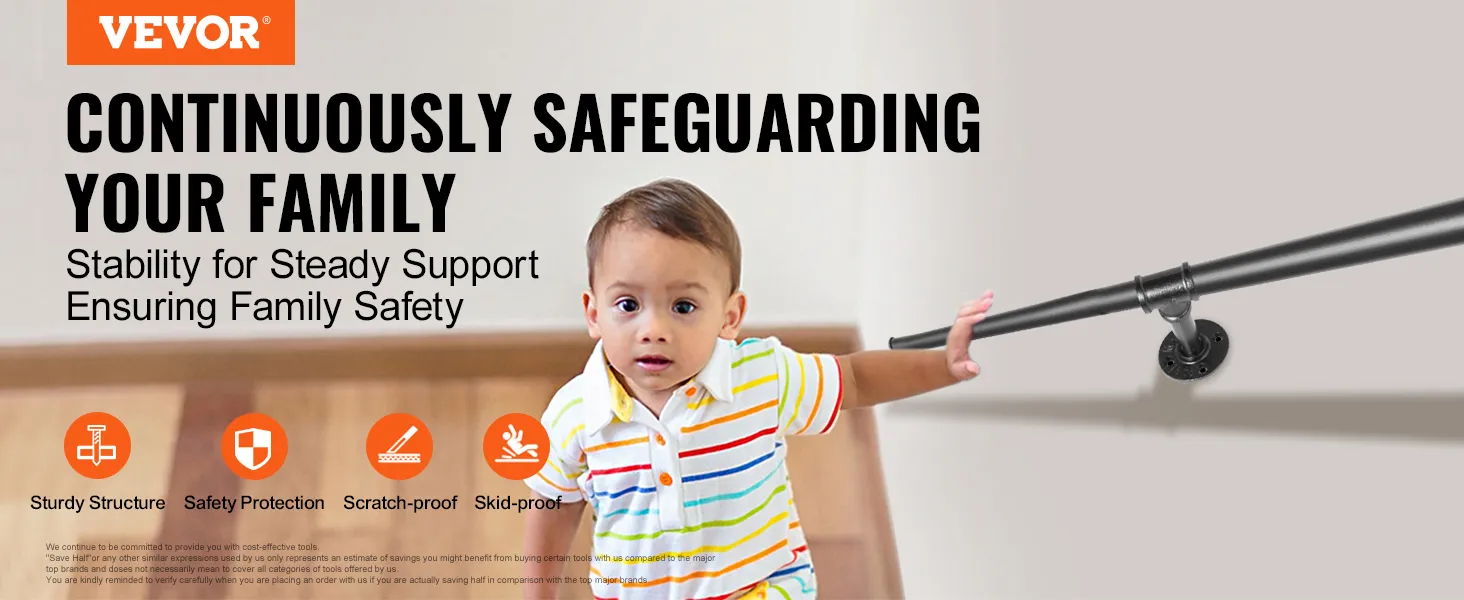 VEVOR pipe stair handrail ensures safety with a sturdy, scratch-proof, and skid-proof design.