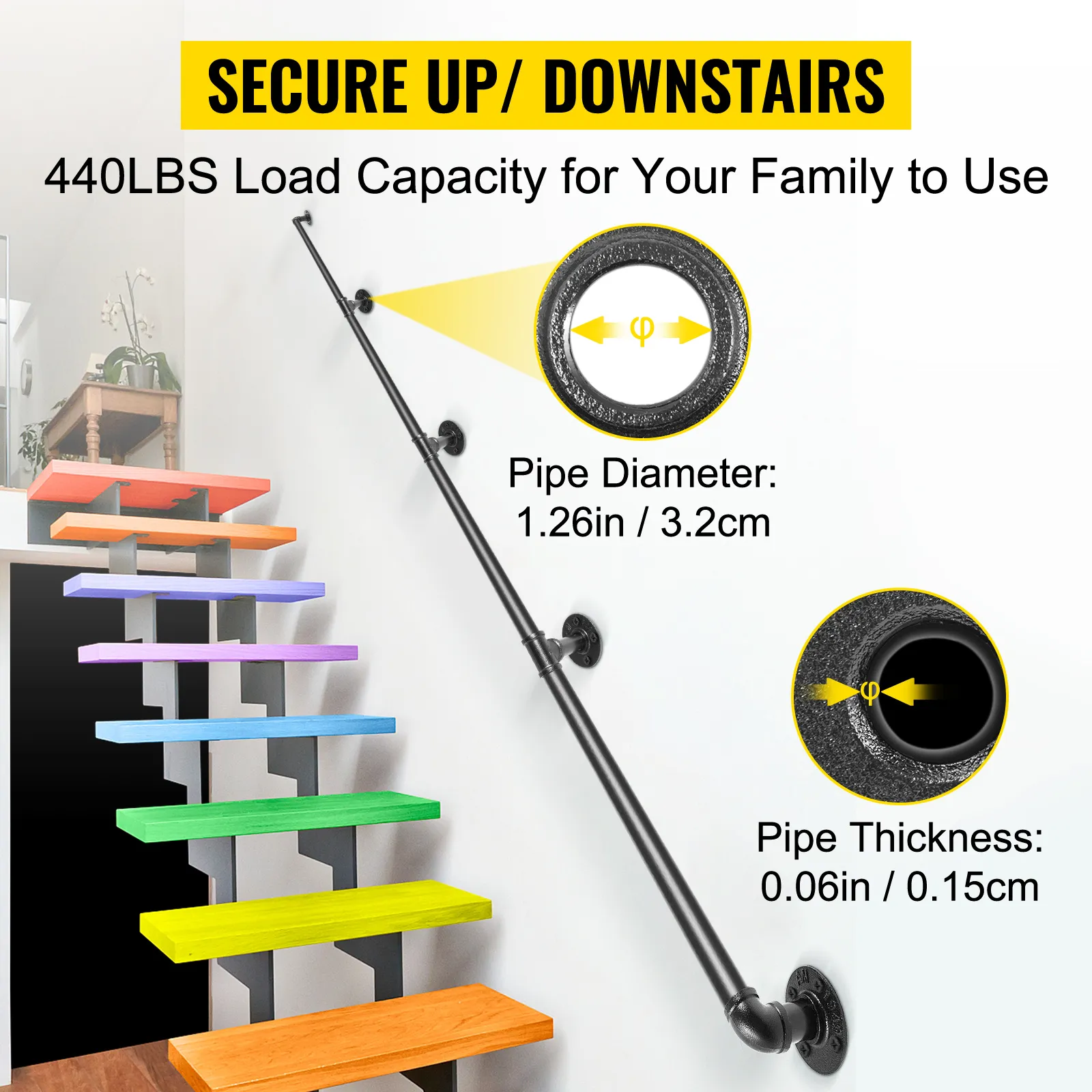 VEVOR-Treppenhandlauf aus Rohr mit bunten Stufen, 200 kg Tragkraft, 3,2 cm Durchmesser.