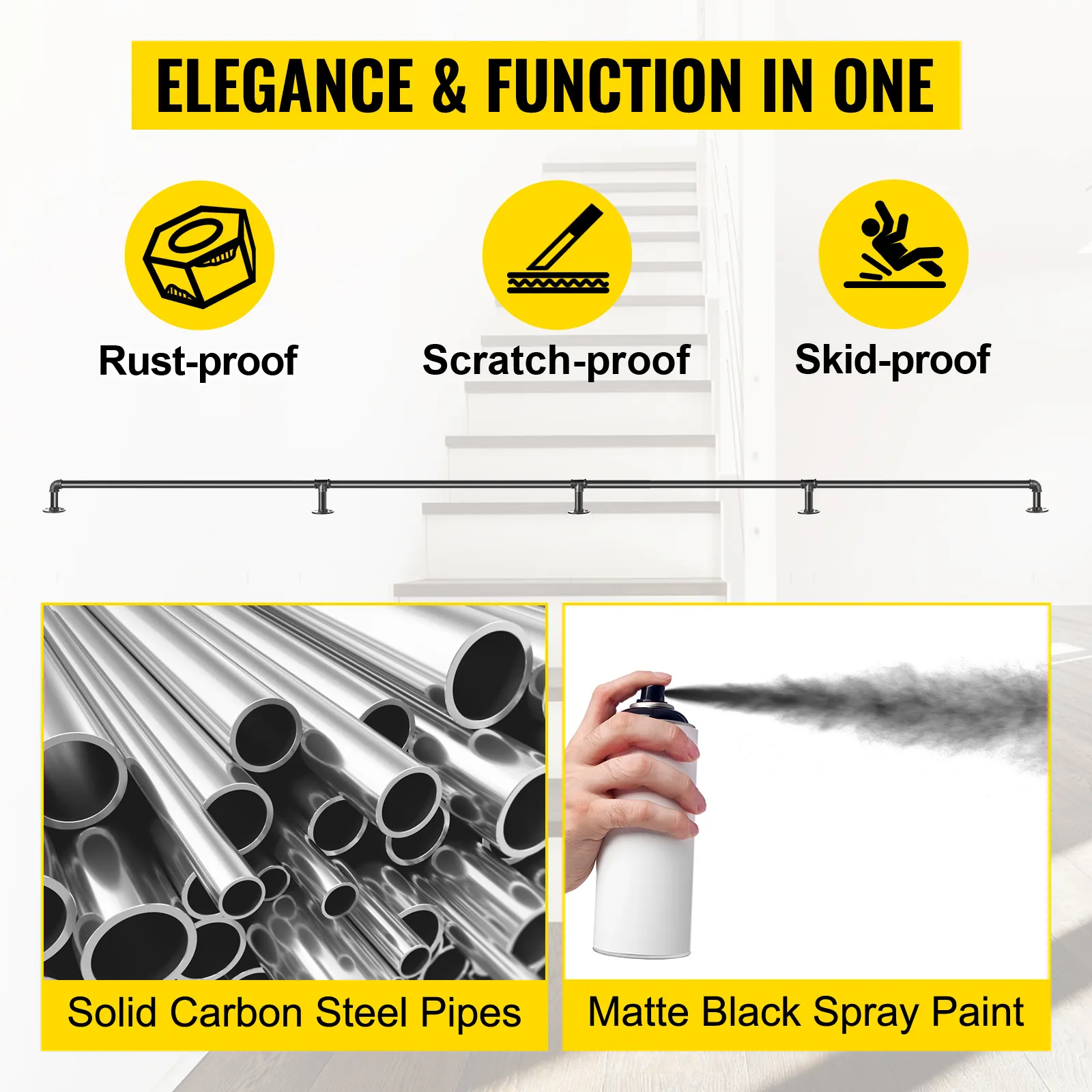 VEVOR-Treppenhandlauf aus Rohr, massiver Kohlenstoffstahl, rostfrei, rutschfest, mattschwarze Lackierung.