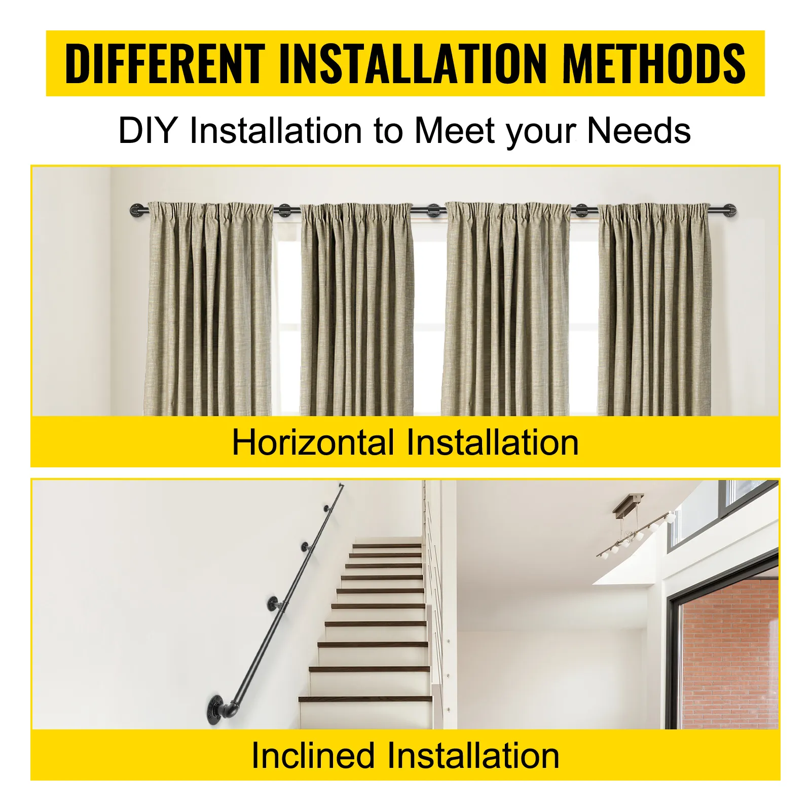 Verschiedene Installationsmethoden für VEVOR-Treppenhandläufe aus Rohren: horizontal und geneigt.