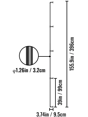 VEVOR-Treppenhandlauf aus Rohr mit Abmessungen und Details in Schwarzweiß.