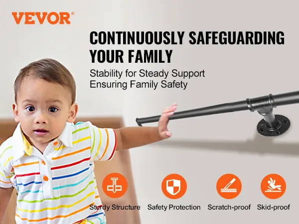 VEVOR pipe stair handrail ensuring family safety with sturdy and skid-proof support.