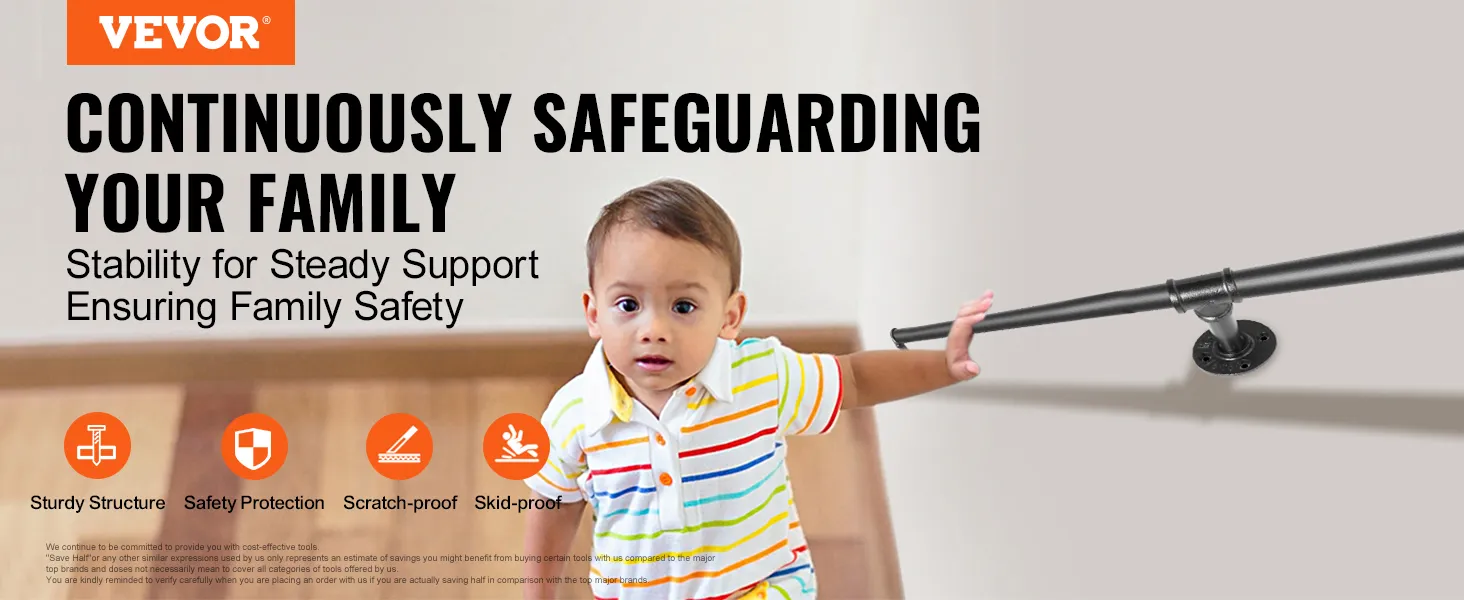 VEVOR pipe stair handrail ensuring family safety with sturdy and skid-proof support.