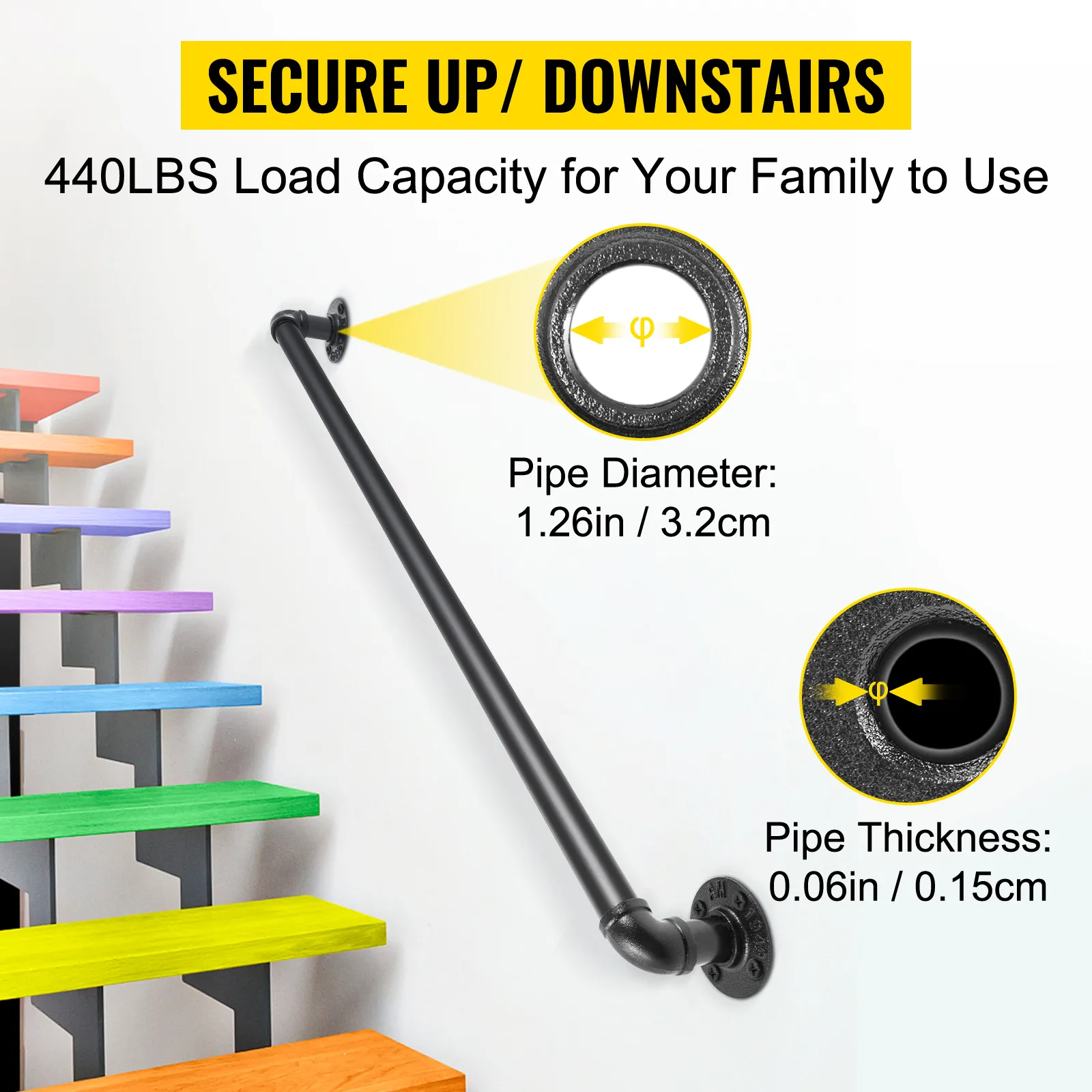 VEVOR pipe stair handrail with 440lbs load capacity beside colorful staircase.