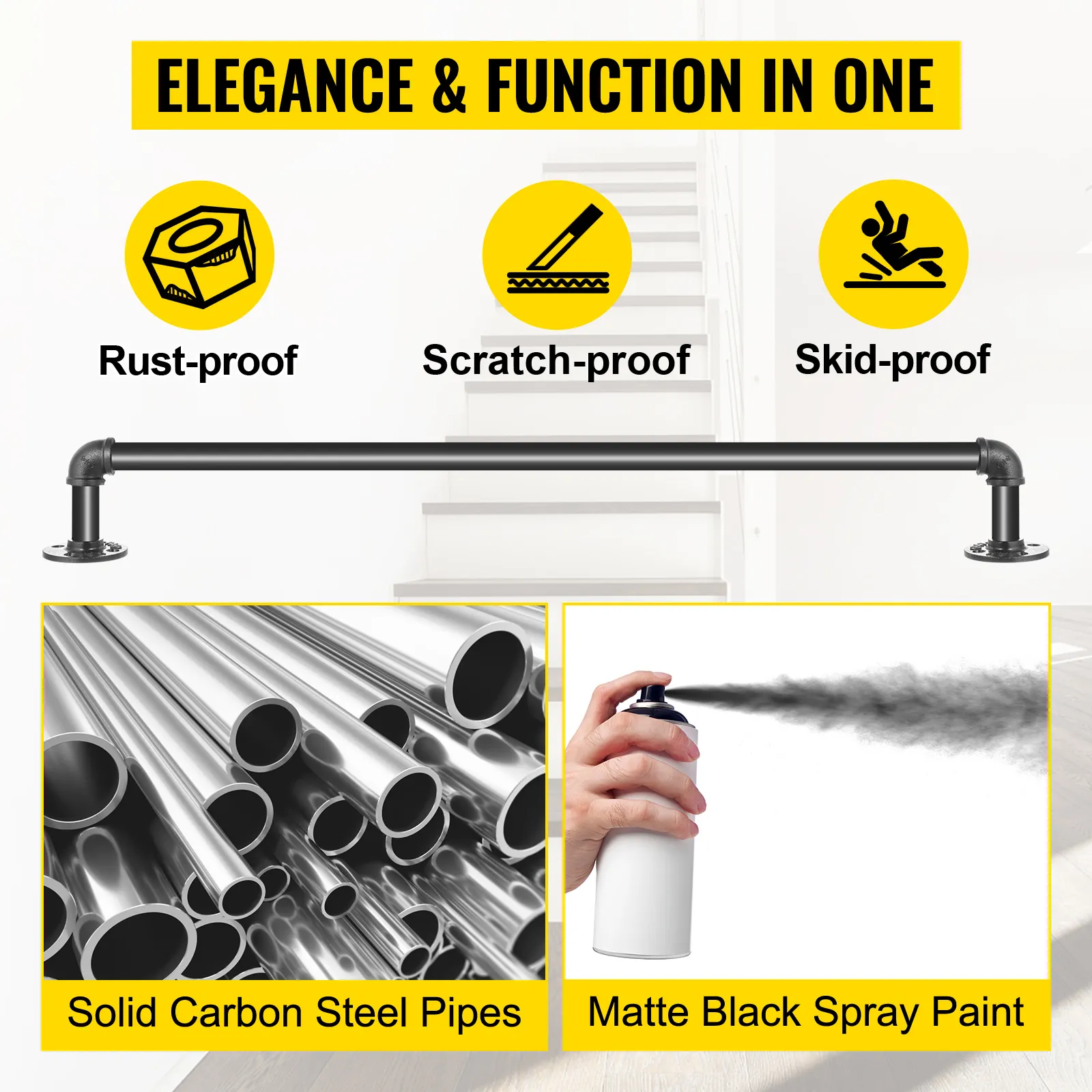 VEVOR pipe stair handrail: rust-proof, scratch-proof, skid-proof with carbon steel pipes.