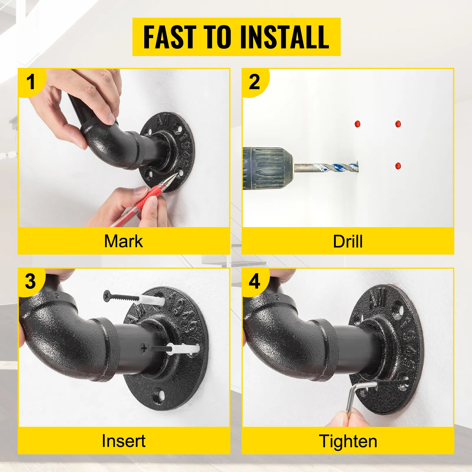 VEVOR pipe stair handrail installation steps: mark, drill, insert, tighten. fast to install.