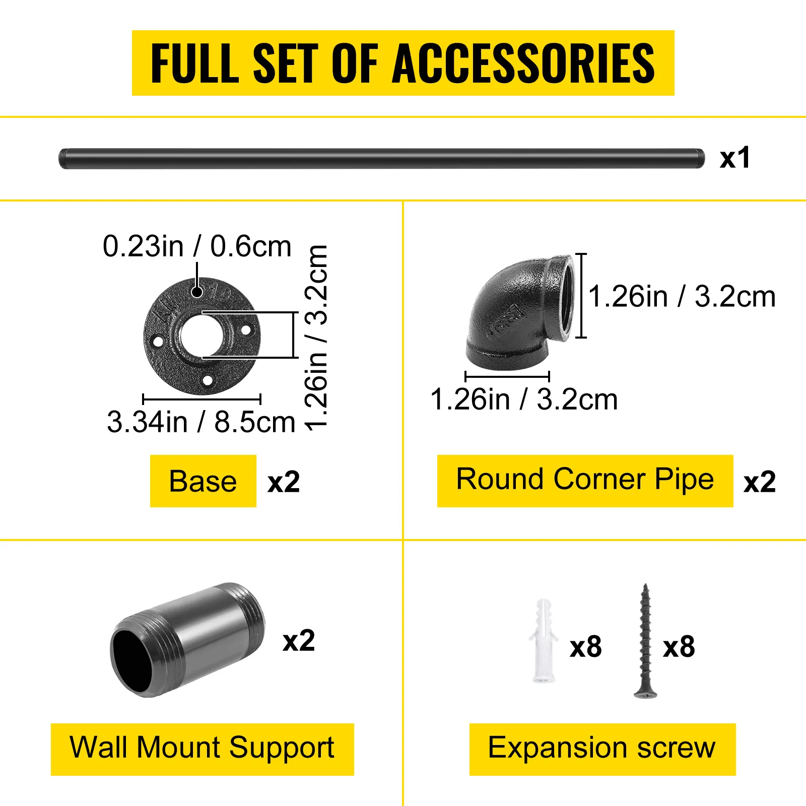 VEVOR pipe stair handrail set with pipe, bases, corner pipes, wall supports, screws, and anchors.