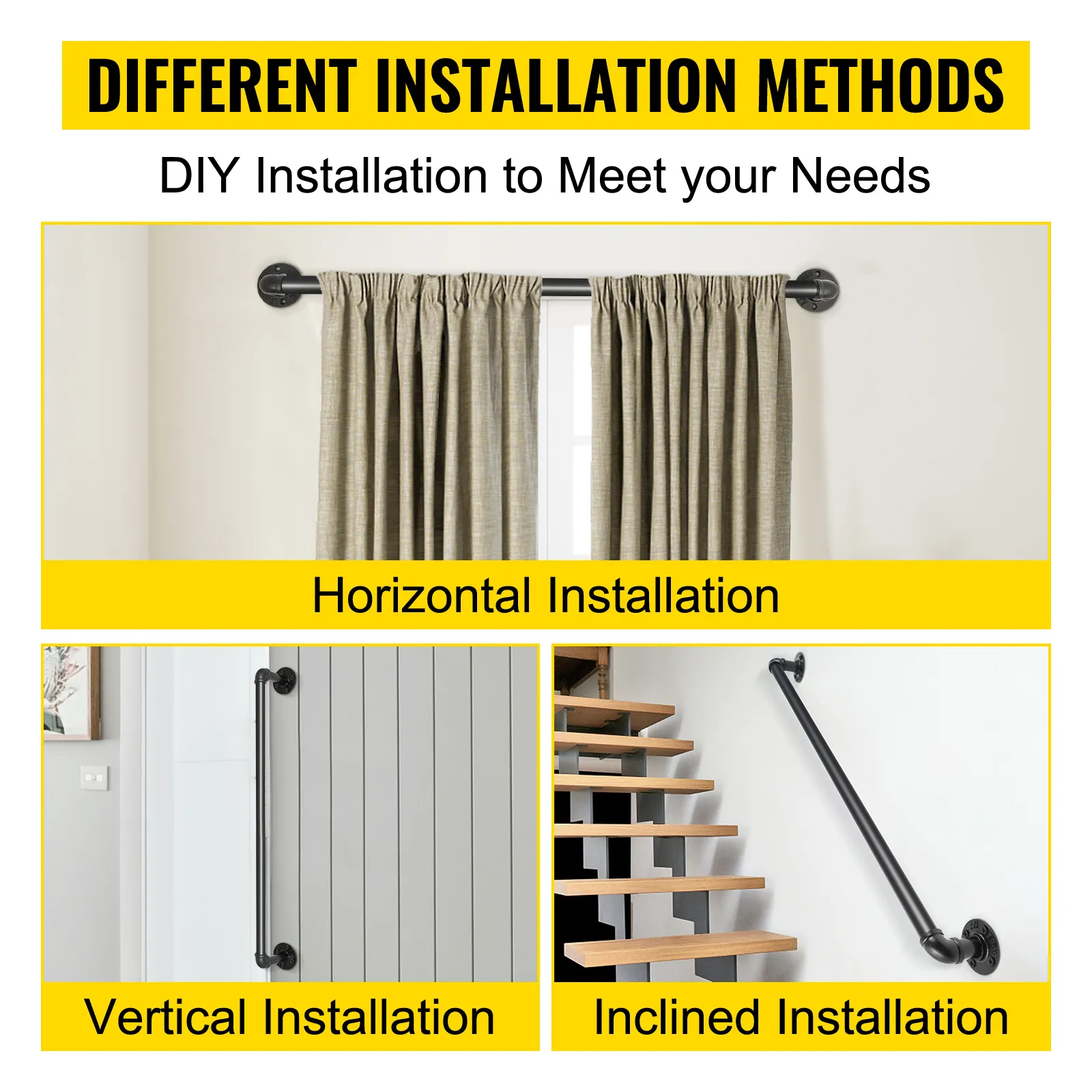 VEVOR pipe stair handrail installation methods: horizontal, vertical, and inclined.
