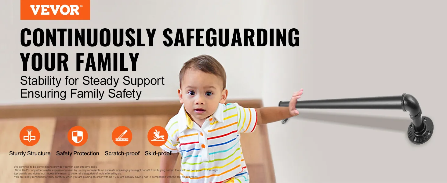 VEVOR pipe stair handrail ensuring family safety with sturdy, scratch-proof support features.
