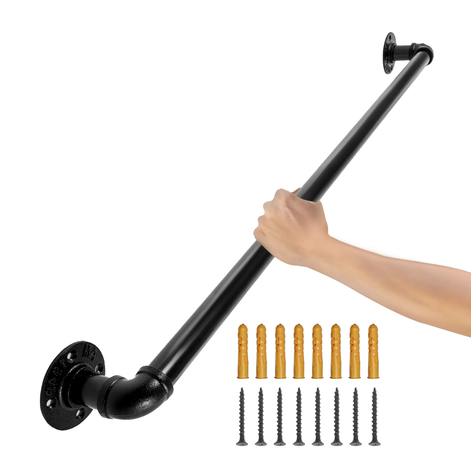 hand gripping VEVOR pipe stair handrail with screws and wall plugs, black finish.