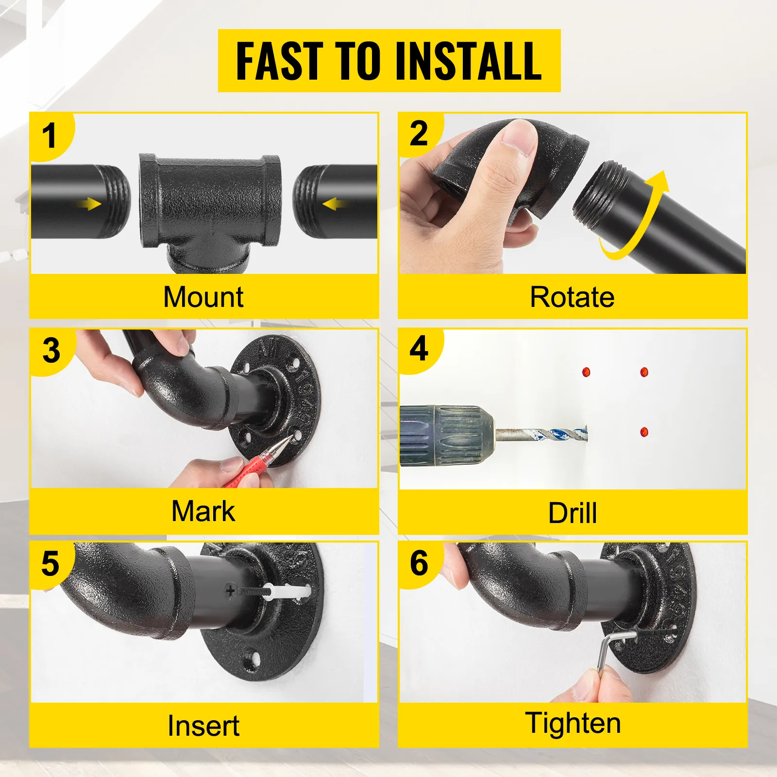 VEVOR pipe stair handrail installation guide: mount, rotate, mark, drill, insert, tighten.