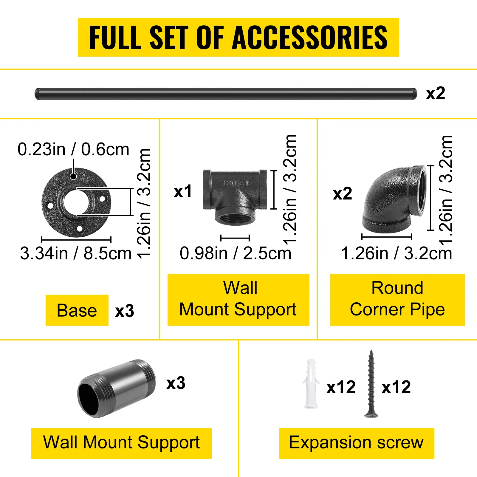 VEVOR pipe stair handrail: full set of accessories including pipes, bases, supports, and screws.