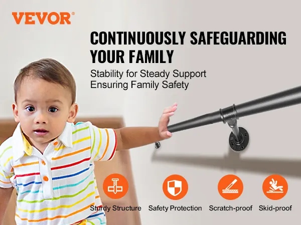 VEVOR pipe stair handrail secures family with sturdy, scratch-proof, and skid-proof design.