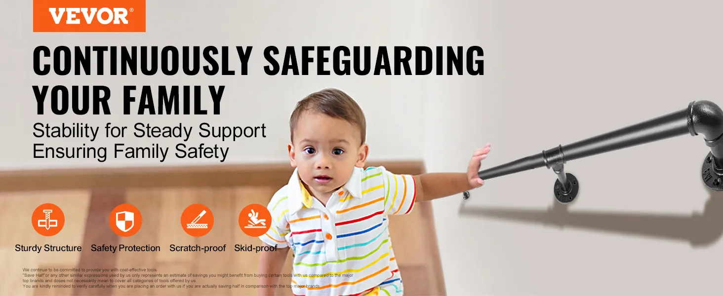 VEVOR pipe stair handrail secures family with sturdy, scratch-proof, and skid-proof design.