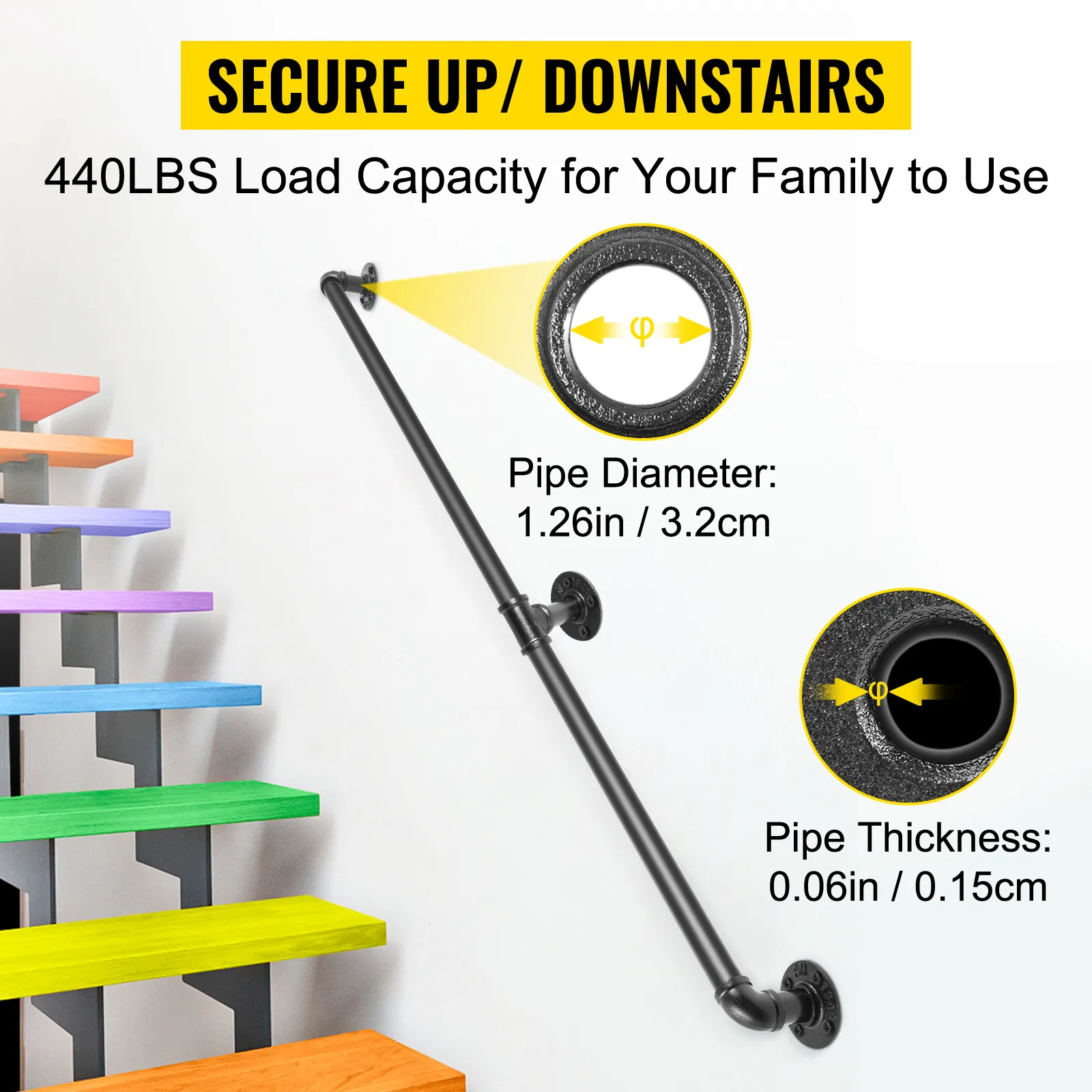 VEVOR pipe stair handrail with 440lbs load capacity, 1.26in diameter, 0.06in thickness.