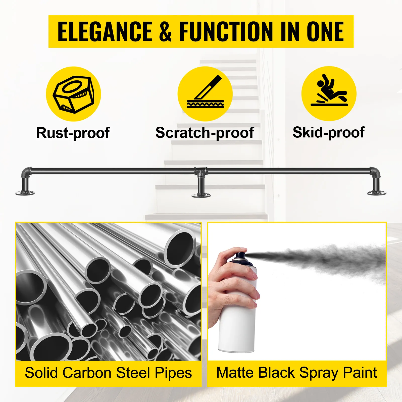 VEVOR pipe stair handrail: rust-proof, scratch-proof, skid-proof steel with matte black paint.