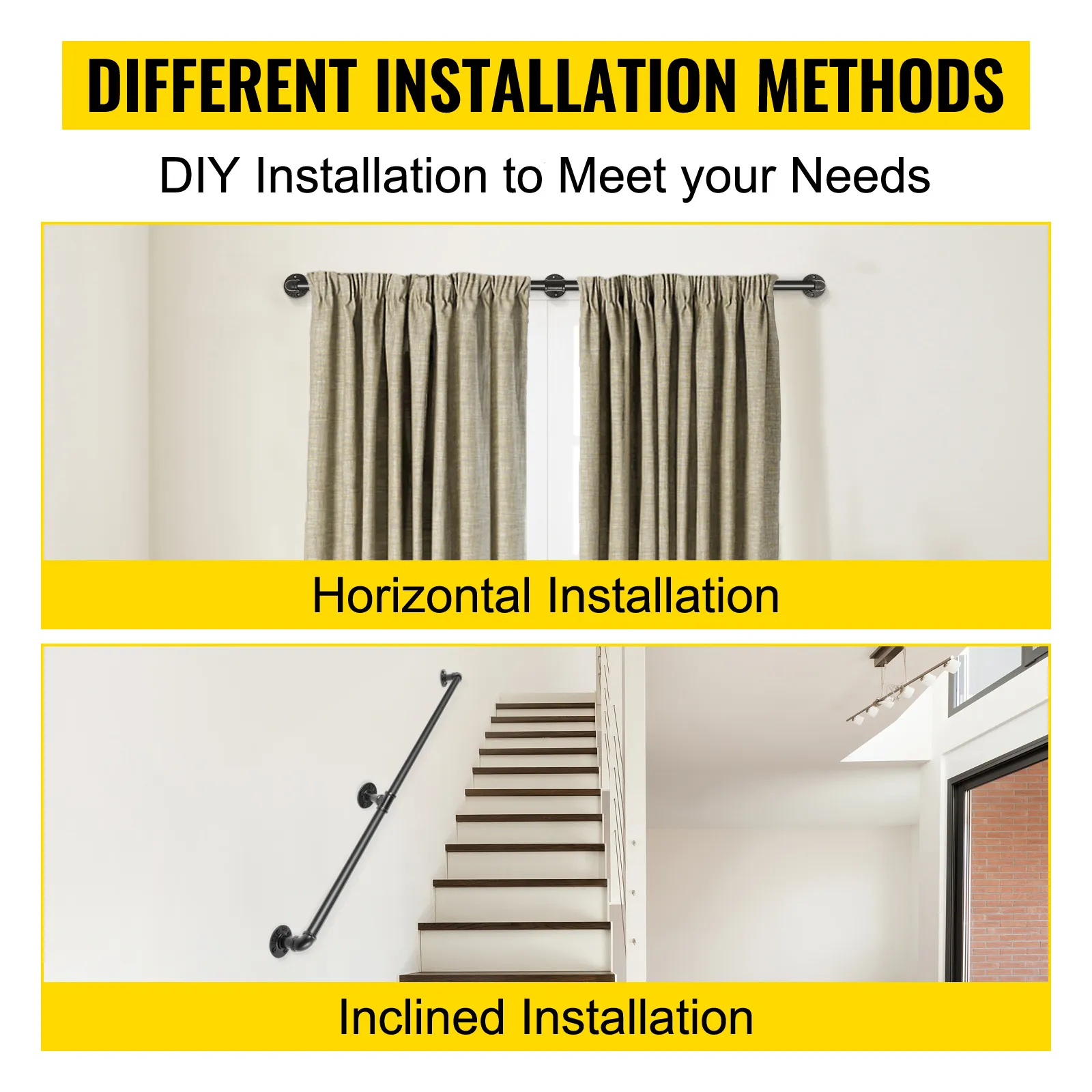 VEVOR pipe stair handrail displayed with horizontal and inclined installation methods.
