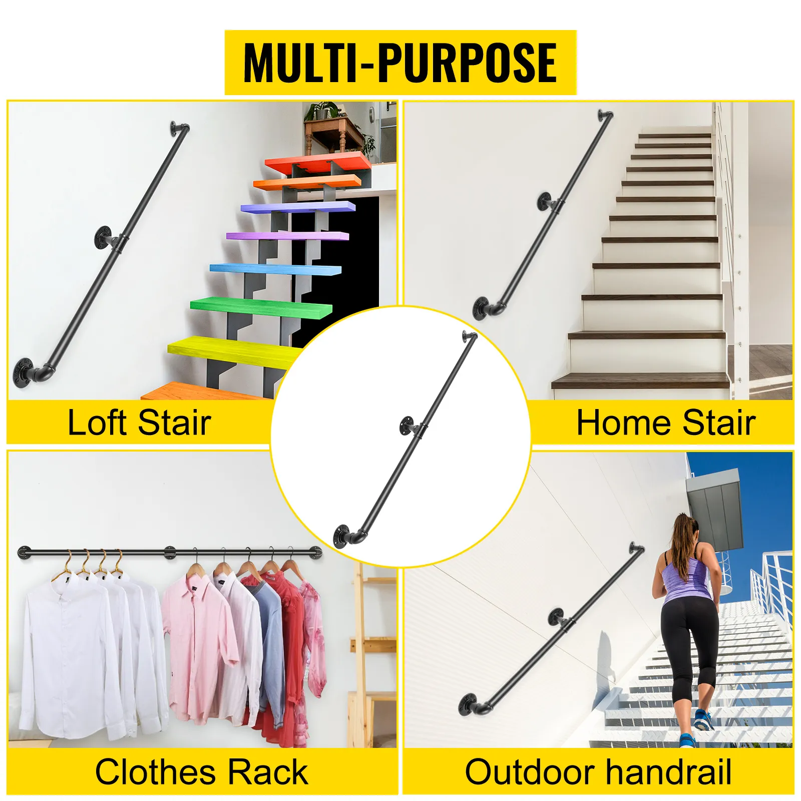 VEVOR pipe stair handrail for loft stairs, home stairs, clothes racks, and outdoor handrails.