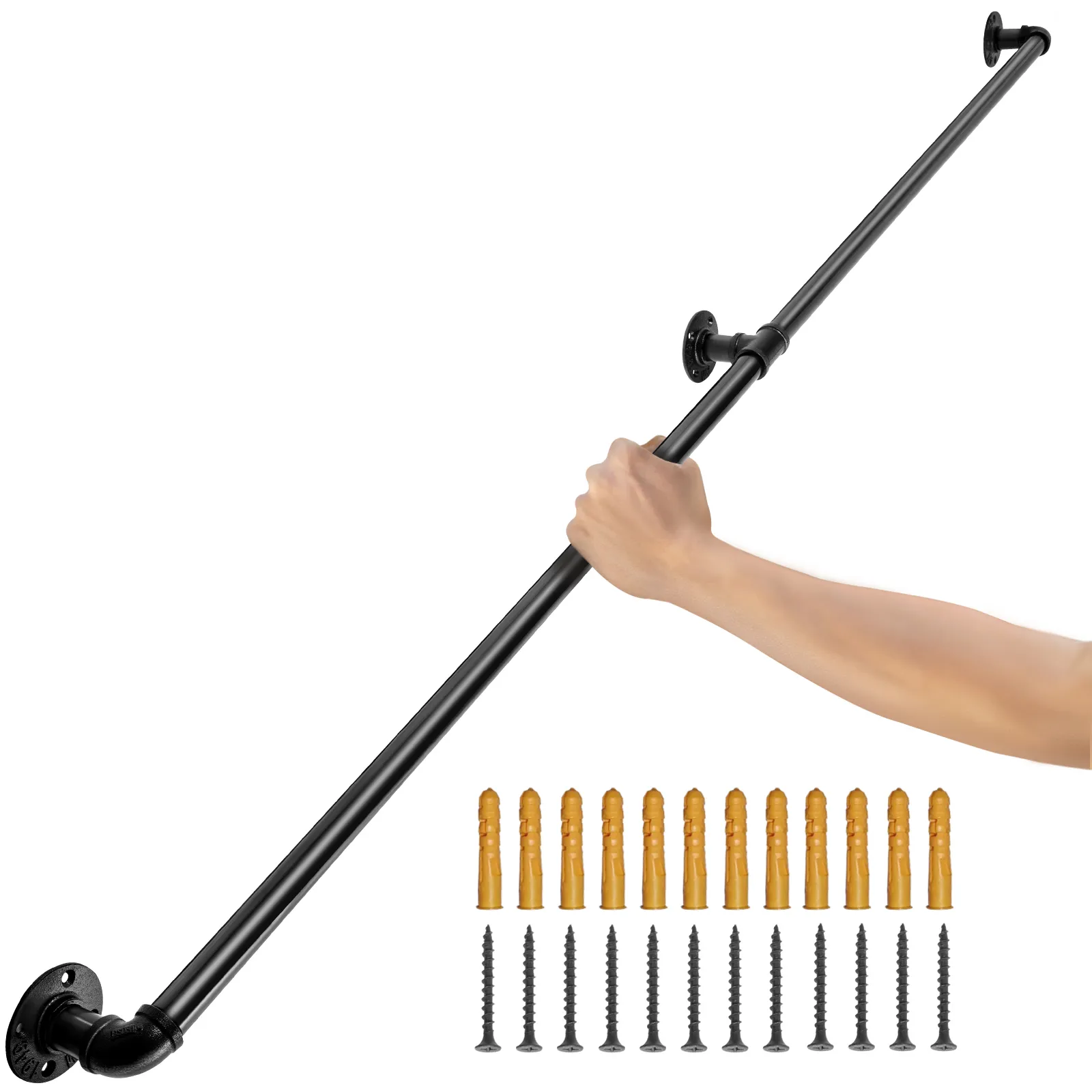 VEVOR pipe stair handrail in use with mounting hardware and fixtures displayed.