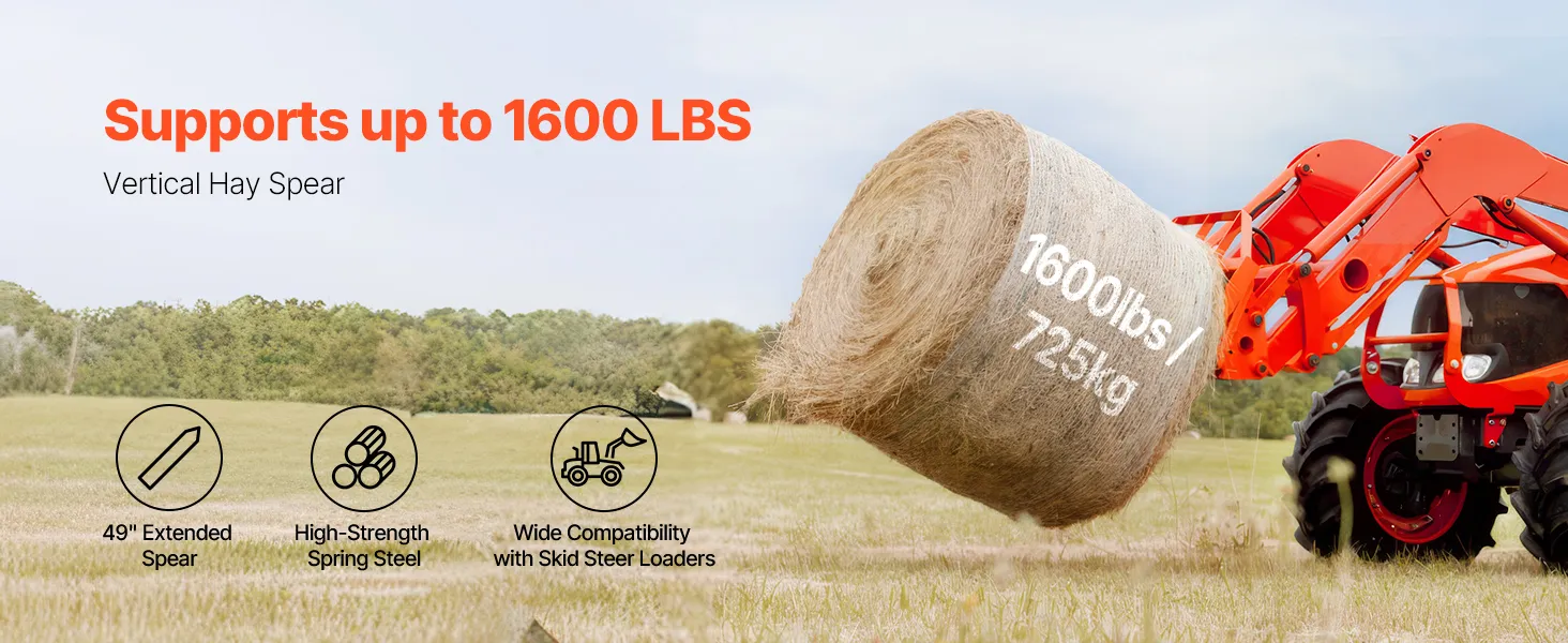 VEVOR 49" Hay Spear, Bale Spears 1600lbs Loading Capacity, Skid Steer Loader Tractor Attachment with 2pcs 17.5" Stabilizer Spears, Quick Attach Spike Forks