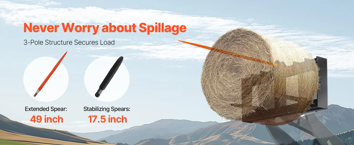 VEVOR 49" Hay Spear, Bale Spears 1600lbs Loading Capacity, Skid Steer Loader Tractor Attachment with 2pcs 17.5" Stabilizer Spears, Quick Attach Spike Forks